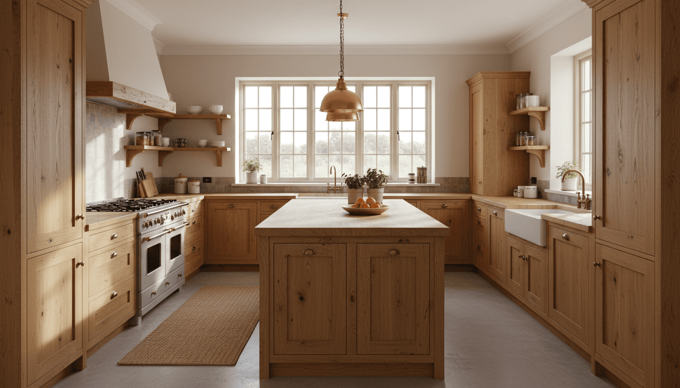 Warm artisanal rustic aesthetic wide shot of a newly installed custom kitchen with bespoke wooden cabinets