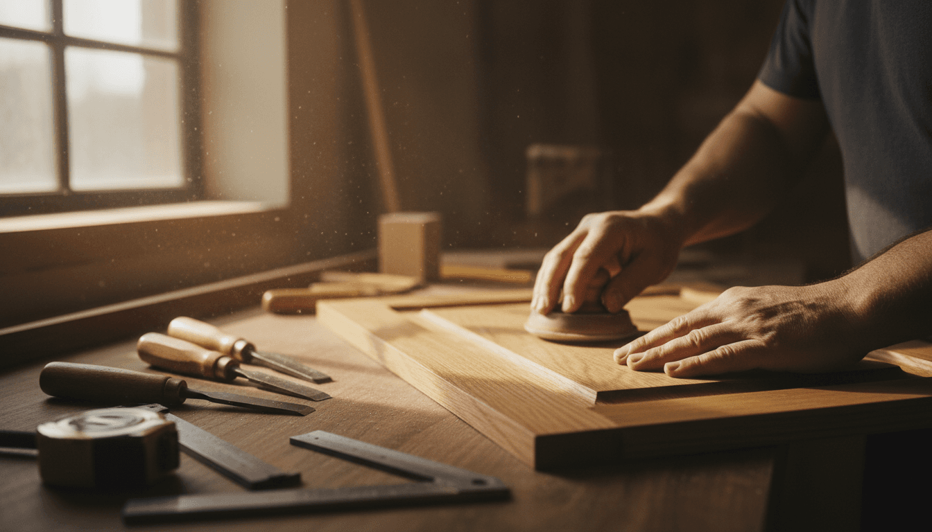 Cabinet maker sanding a wooden cabinet door in a workshop
