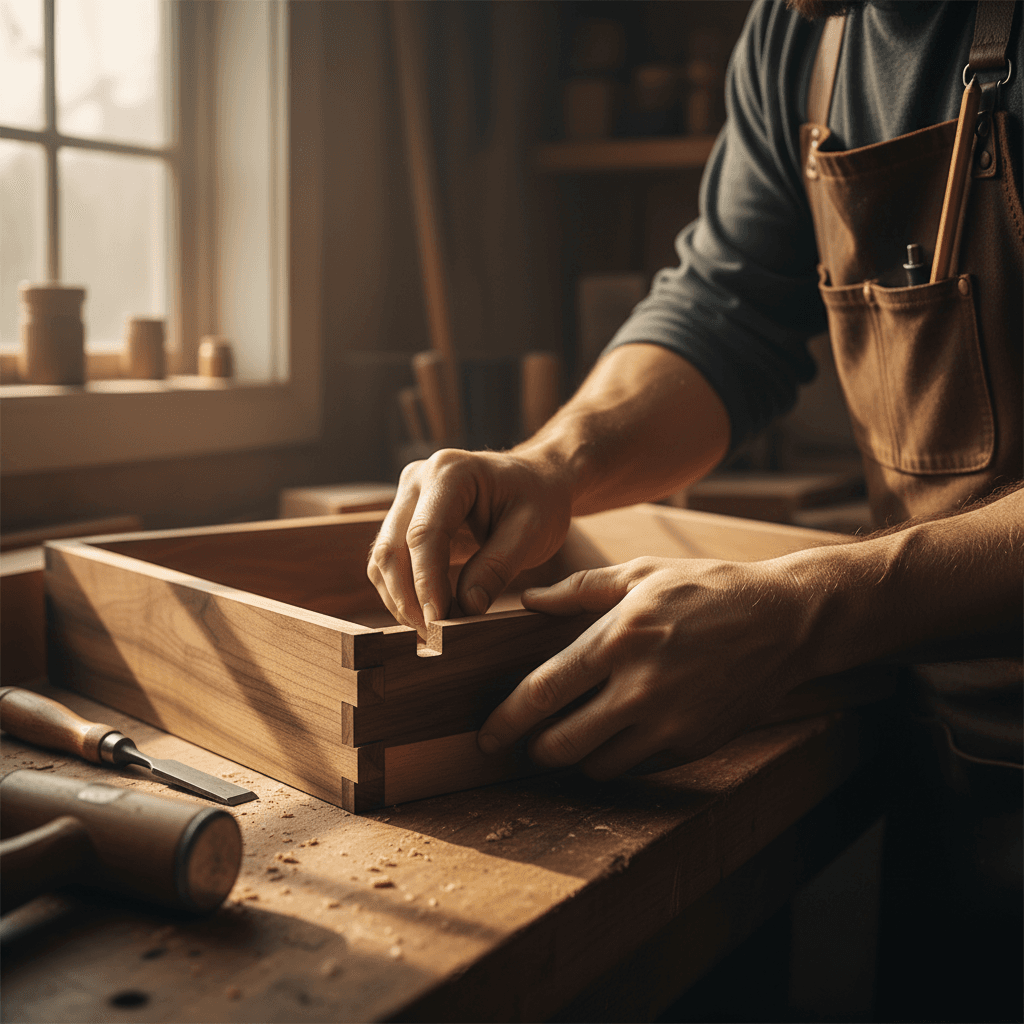 Close-up of hands fitting a dovetail joint on a custom cabinet drawer