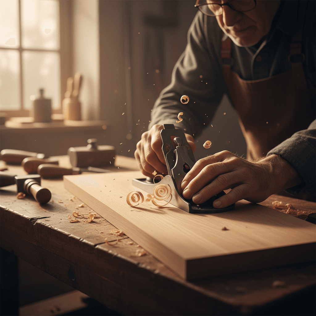 Close-up of hands planing a wooden cabinet door
