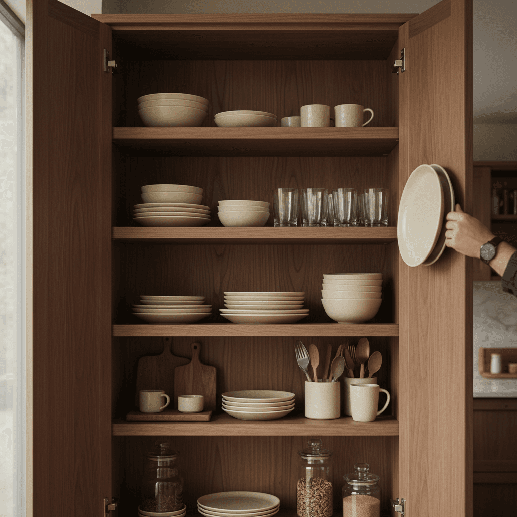 Interior of a custom kitchen cabinet with dovetail joints and adjustable shelves