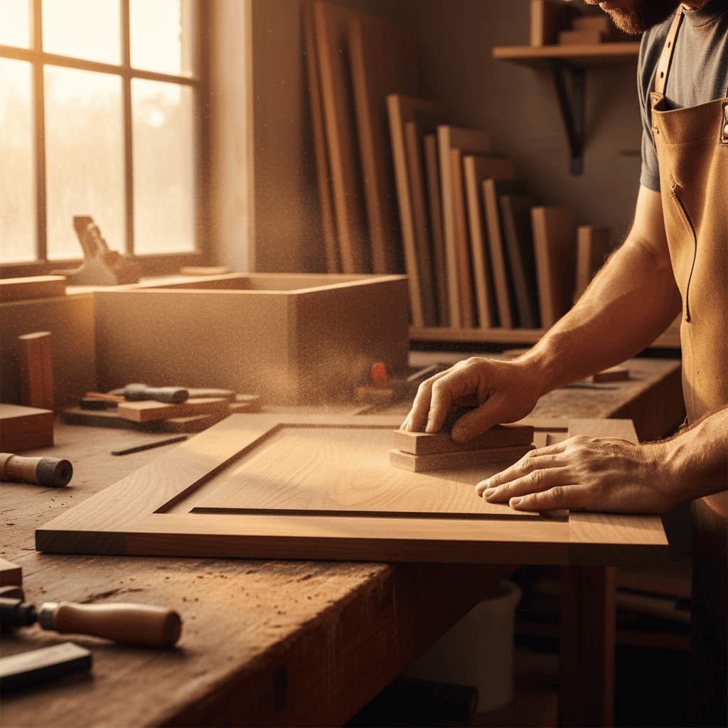Craftsman sanding a custom wooden cabinet door in a workshop