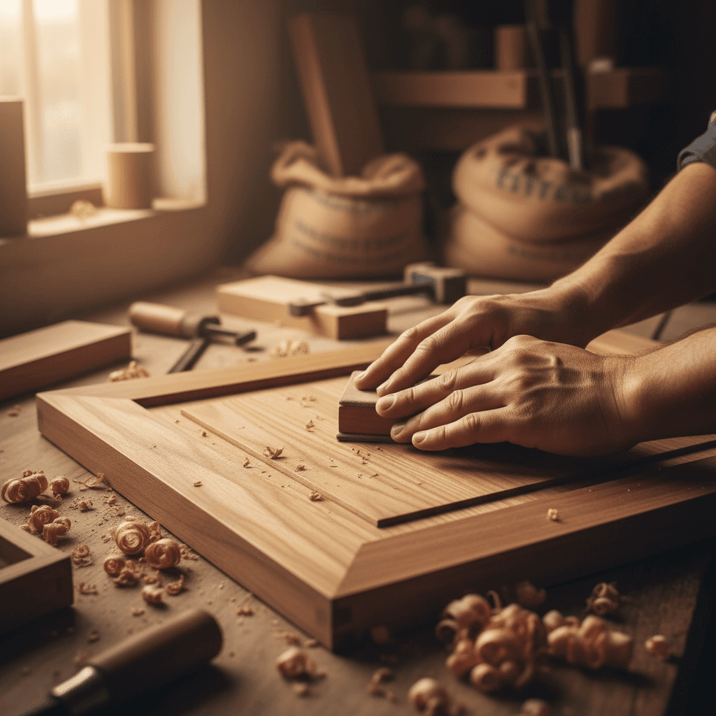 Carpenter's hand fitting a precise dovetail joint on a custom wooden cabinet